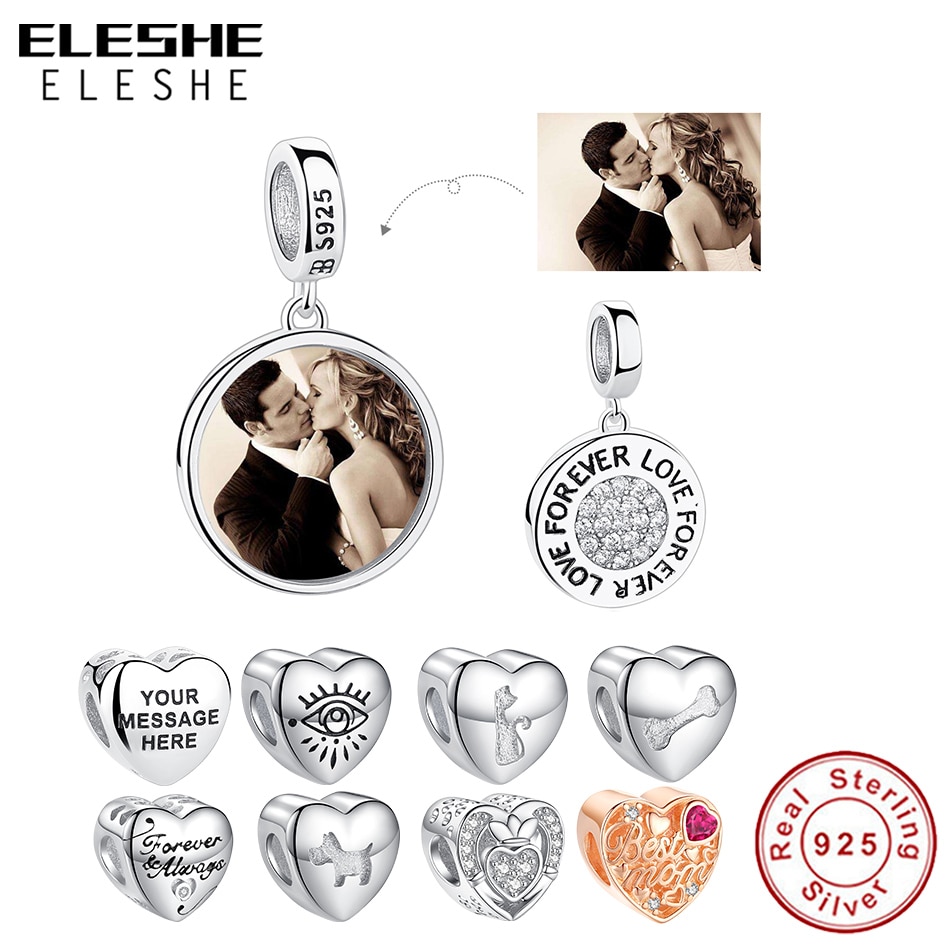 ELESHE DIY Custom Photo Heart Bead 925 Sterling Silver FOREVER LOVE Charms For Original Bracelet Women Fashion Jewelry Making