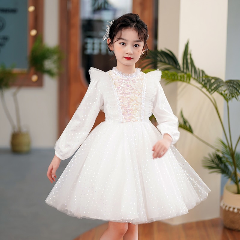 Dress For Girls Spring and Autumn Long Sleeve Puff Dresses Mesh Sequins Sweet College Style Host Performance Daily One Piece