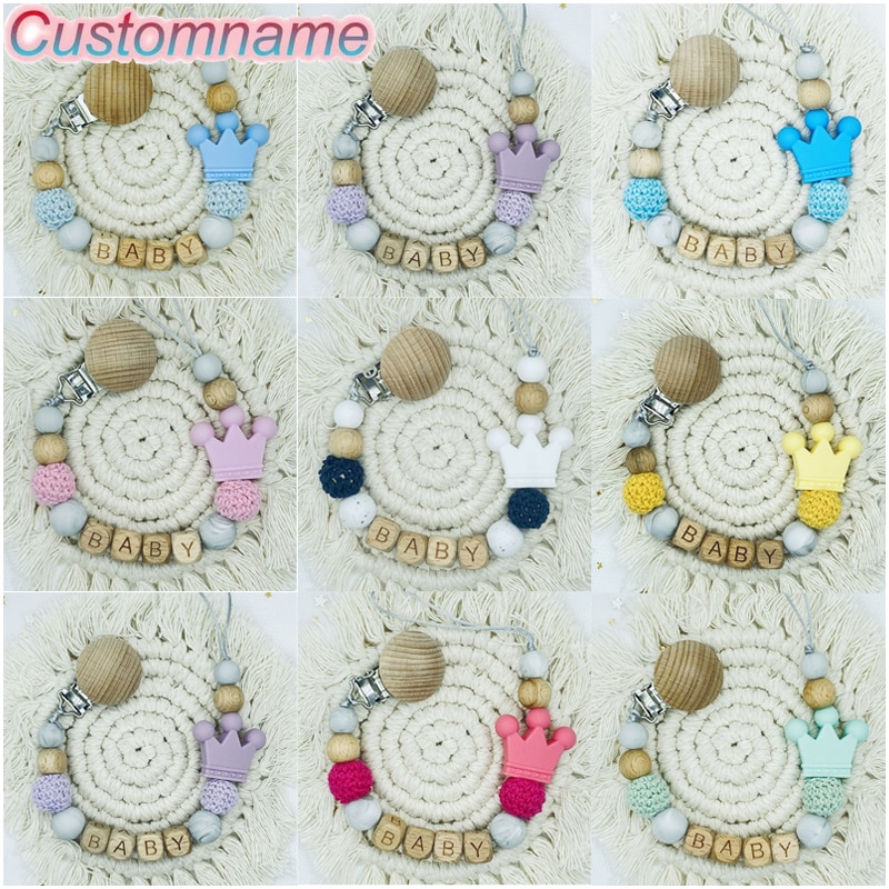 Custom Personalized Name Beech Wood Chew Beads Pacifier Clips Dummy Chain Holder Cute Soother Chains Baby Teething Toy Baby Chew