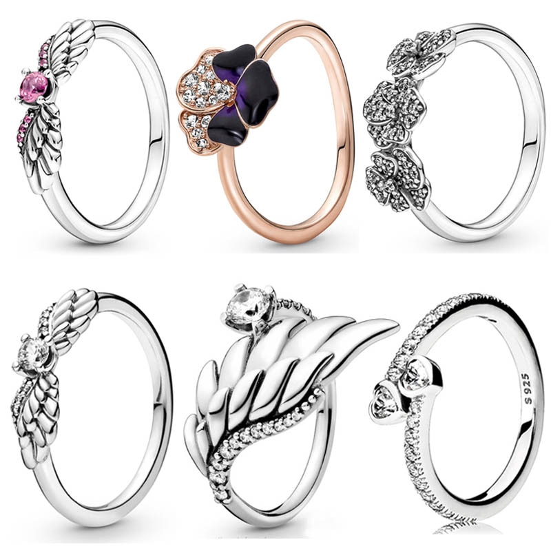 Original 925 Sterling Silver Purple Pansy Flower Angel Wings Feathers Forever Hearts Ring With Crystal For Women Europe Jewelry
