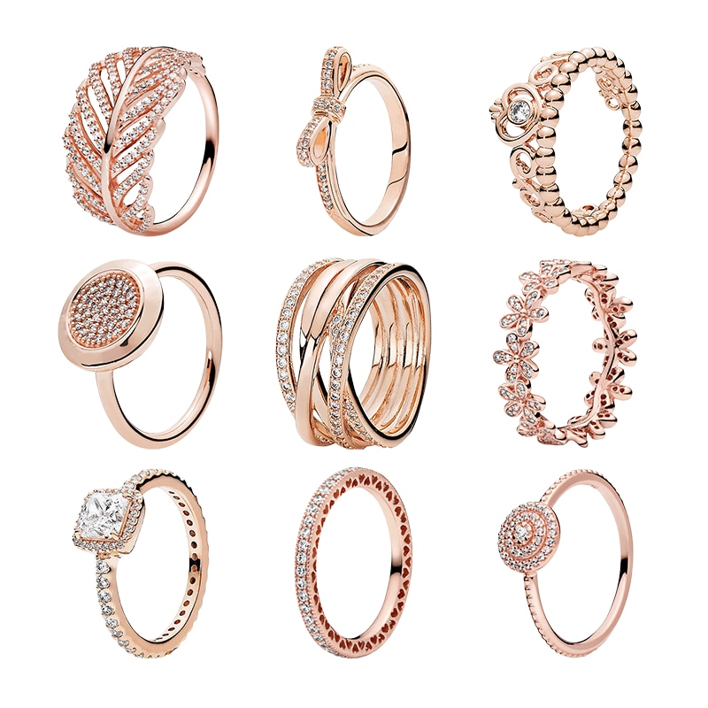 Rose Gold Bridal Sets Wedding Bands Finger Couple Rings For Women Feaather Bow Princess Tiara Daaisy Flower Hearts Fine Jewelry