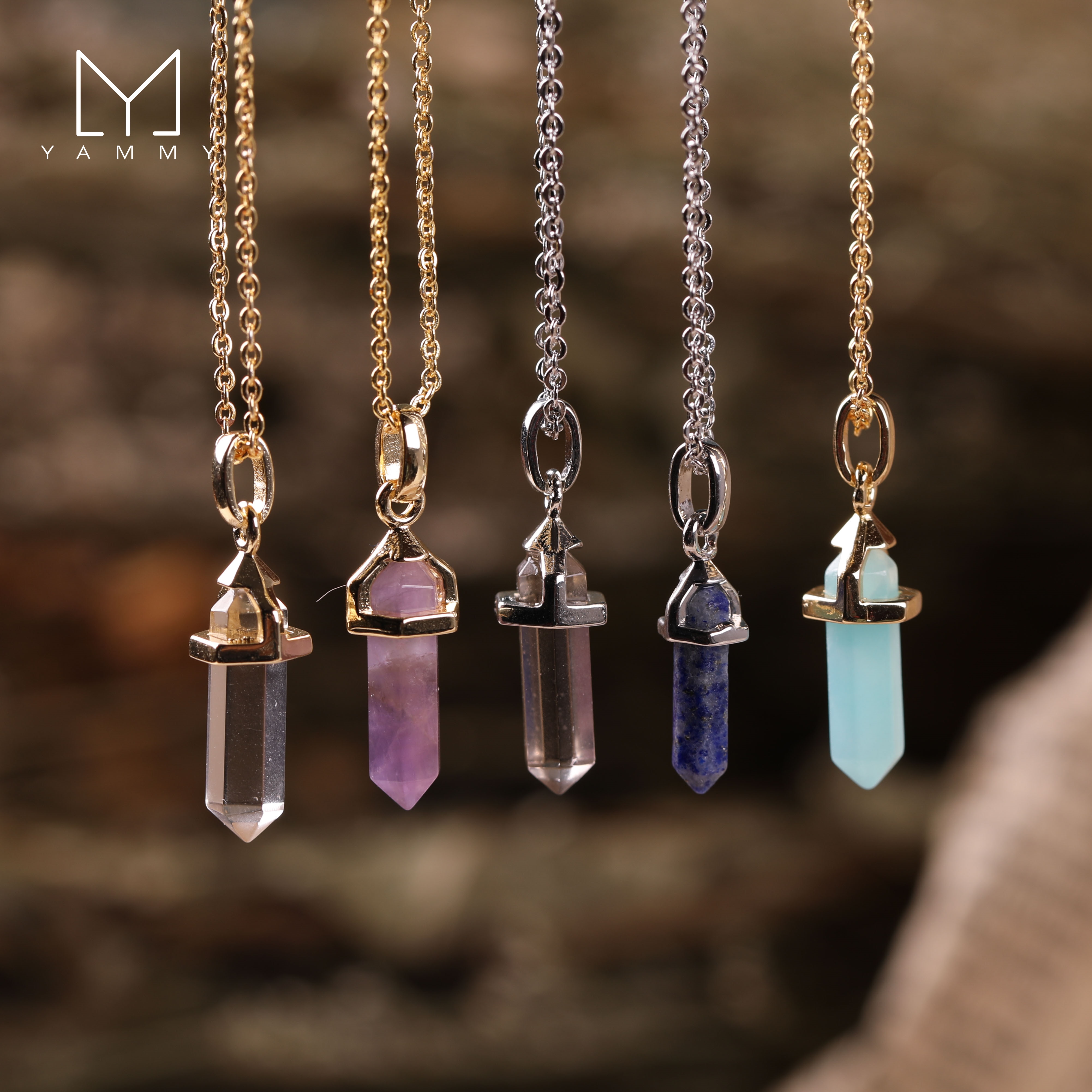 Yammy Mini Crystal Point Pendant Chain Necklace,Healing Crystal Quartz Amethyst Lapis Stone Bullet Pendulum Chakra Jewelry