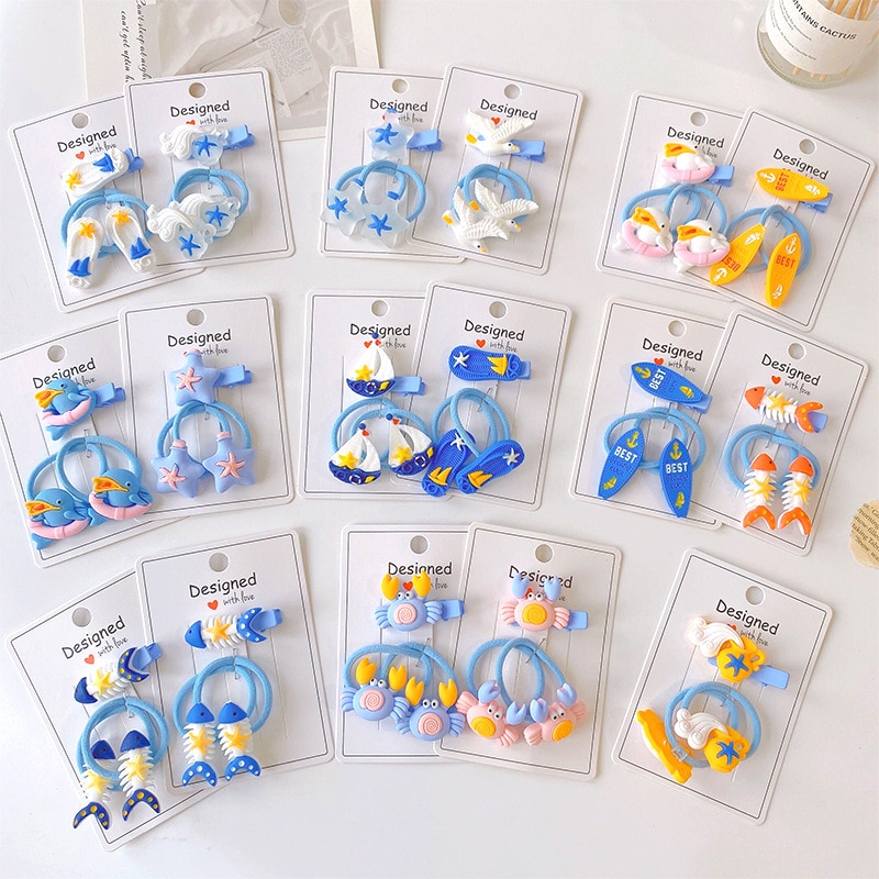 3pcs Kids Marine Organism Hairpins Elastic Hair Bands Set Korean Cartoon Hair Clips Headwear for Girls Children Hair Accessories