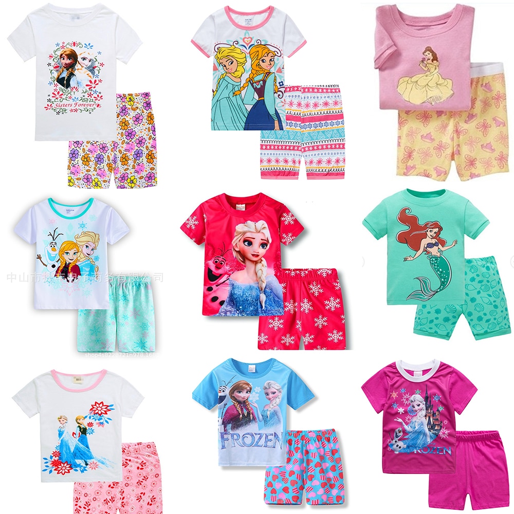 Disney Frozen Summer Children Pajamas Set Short Sleeve T Shirt Shorts Pyjamas Kids Girls Pijamas Cartoon Baby Sleepwear Pijama