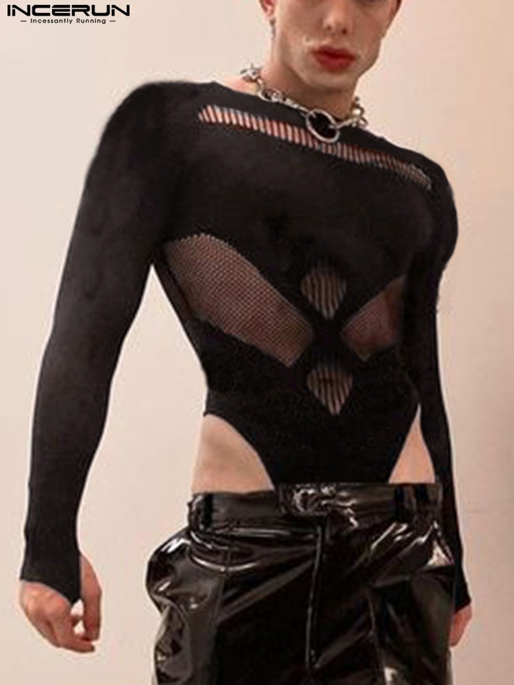 Comfortable Homewear Men's Onesies INCERUN 2022 See-through Mesh Fashion Sexy Male Stitching Sense Long-sleeved Jumpsuits S