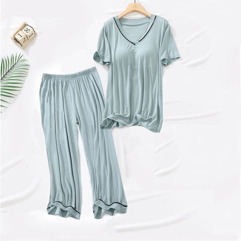 Fdfklak Ensemble Femme 2 Pièces New Modal Cotton Women's Pajamas Set V Neck Short Sleeve Cropped Pant Suit Sleepwear Female