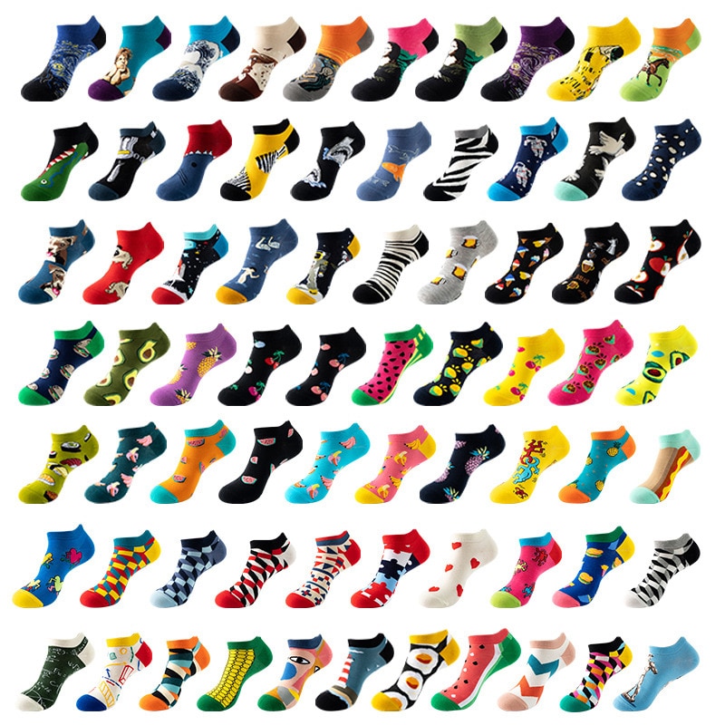 Spring Fashion Colorful Diamond Cotton Men's Socks Harajuku Striped Art Oil Painting Animal Fruit Print Funny Happy Ankle S