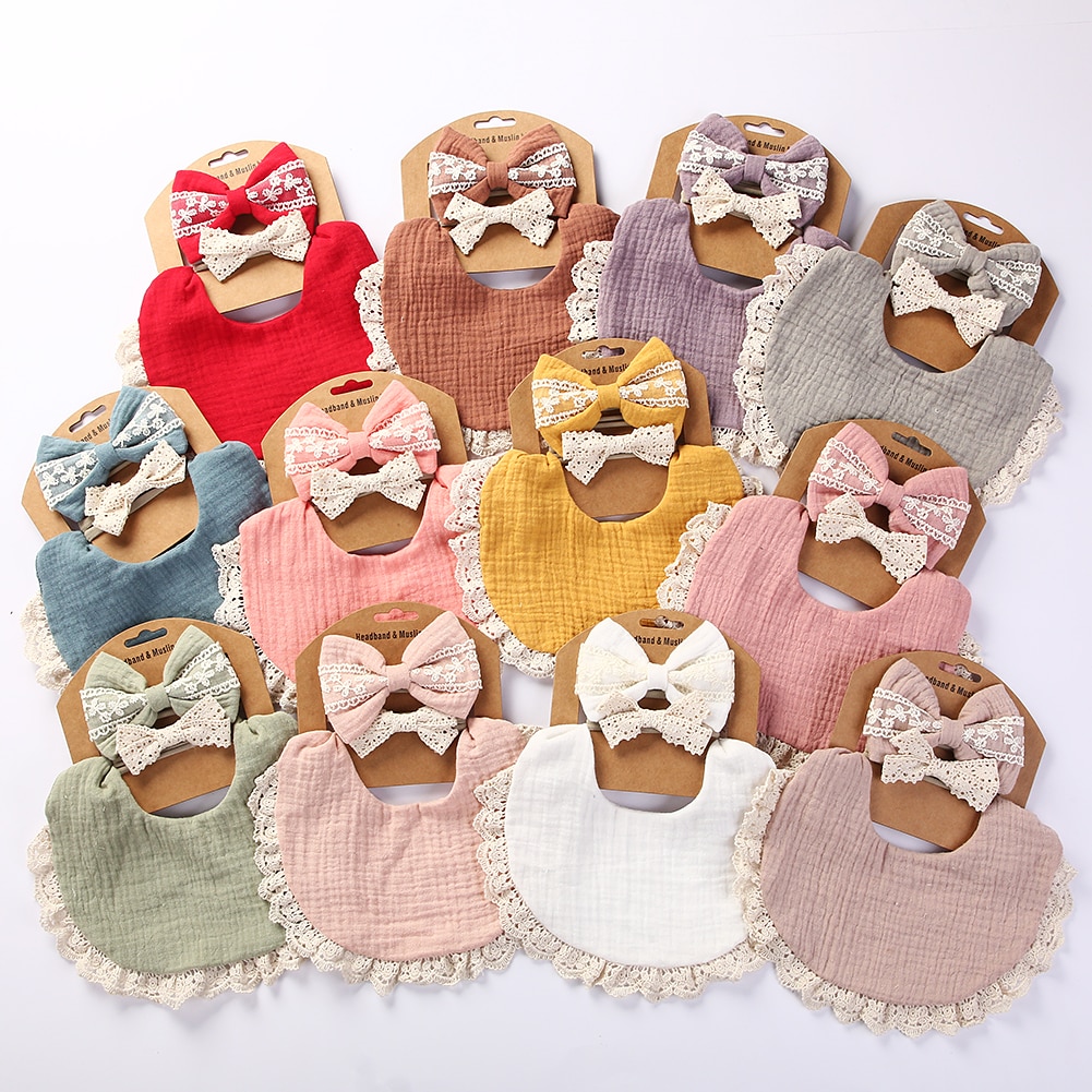 3Pcs/Set Baby Muslin Cotton Bibs Lace Headbands Set Toddler Tassel Solid Feeding Drool Saliva Towel Burp Cloth Infant Stuff