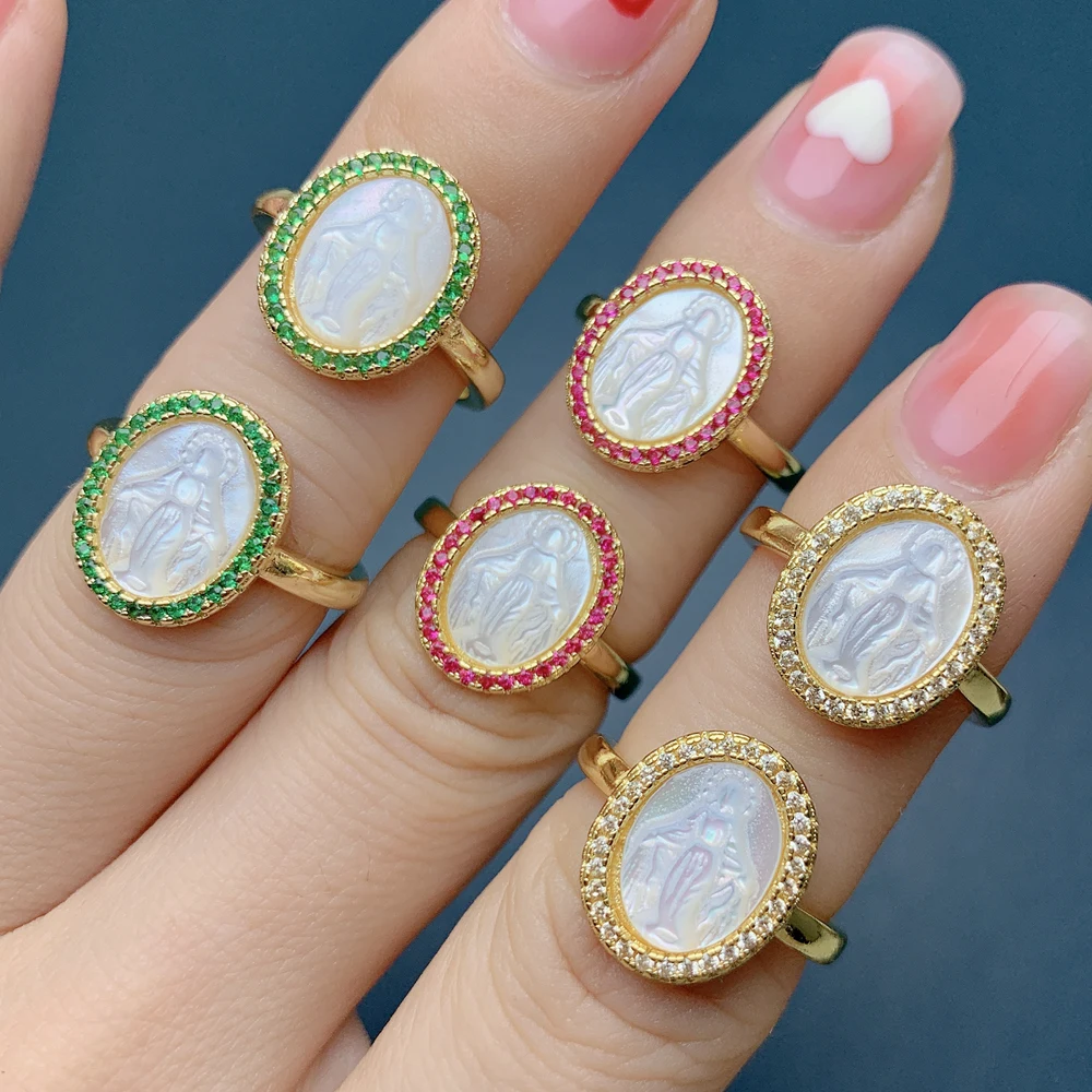 Religion Style Virgin Mary Rings For Women 2022 Fashion Luxury Natural White Mother of Pearl Shell