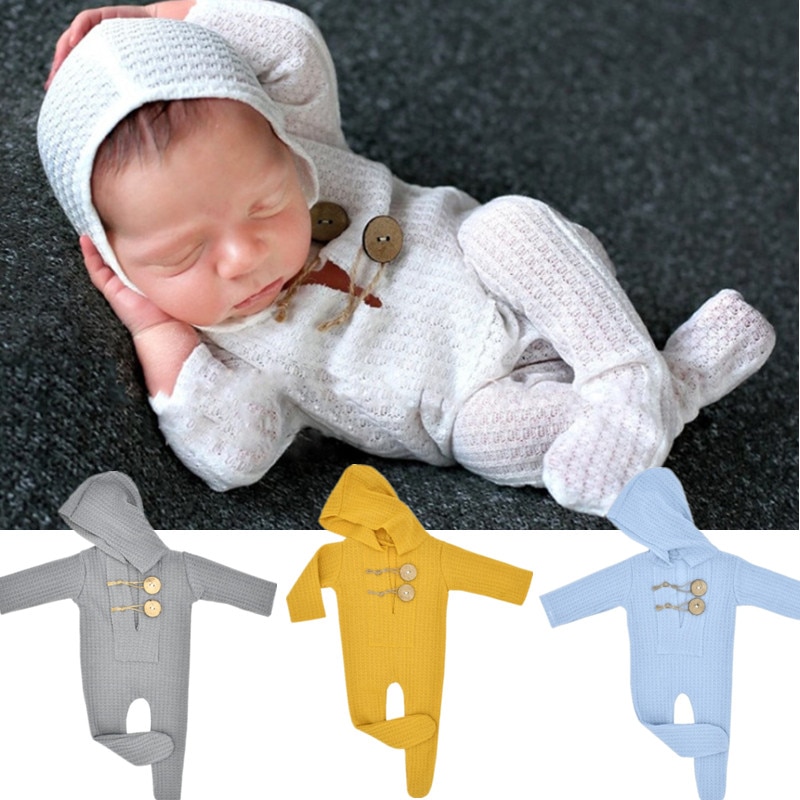 Baby Romper Knitted Hooded Newborn Photography Prop Overalls Footed Jumpsuit Infant Photography Clothing Baby Shooting Clothes