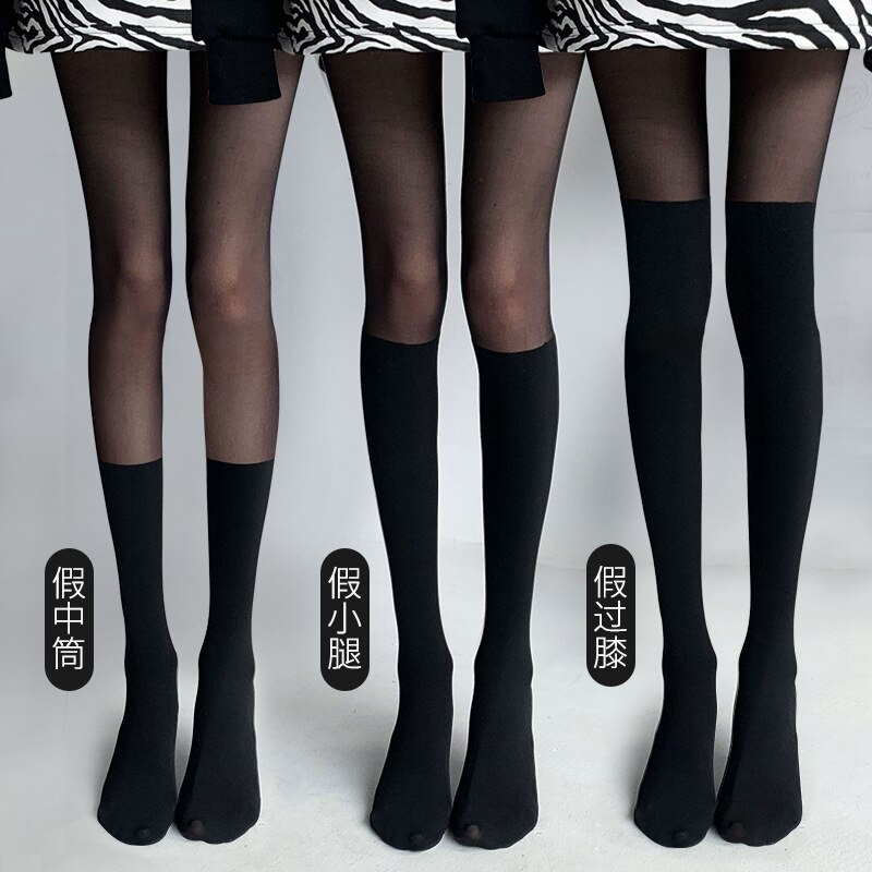 Three-in-one bare-legged artifact jk fake half-barrel above the knee and under the skin black stockings with beautiful new 2021