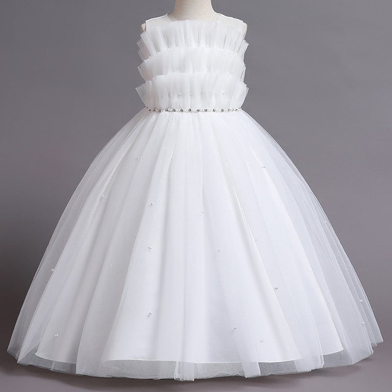 Girls' Dress Pink Red White Navy Blue Girl's Ceremonial Dress Summer Mesh Puffy Shoulderless Evening Dresses For Weddi