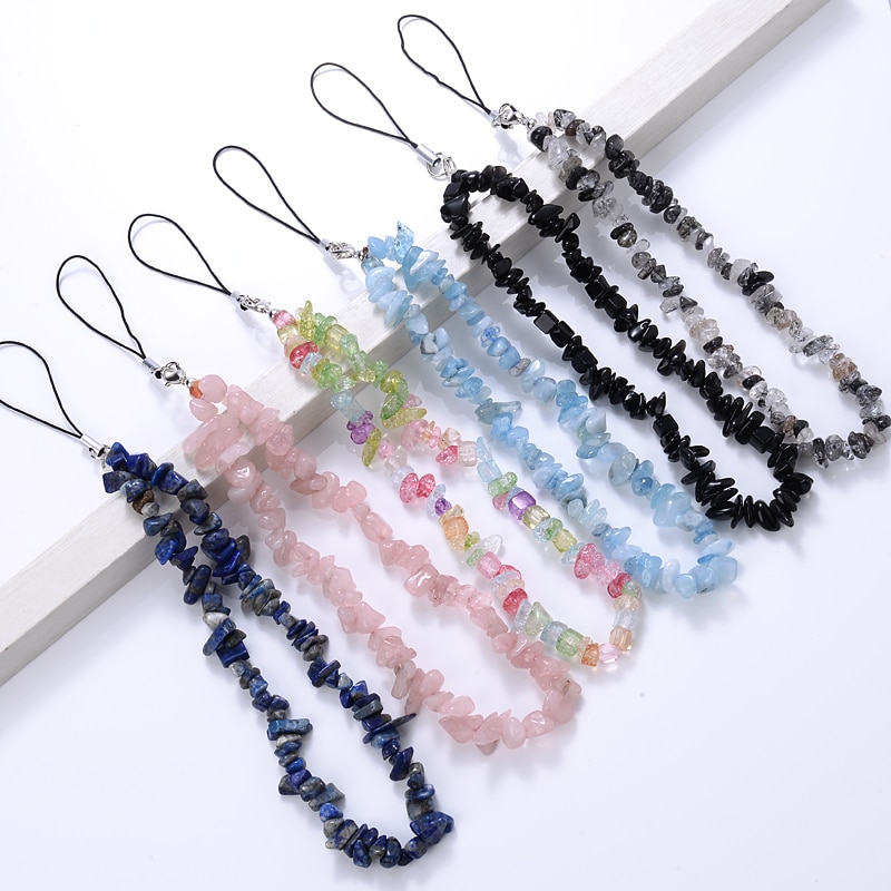 6 Color Gravel Mobile Phone Chain Women Girls Anti-Lost Fashion Jewelry Beaded Cellphone Metal Strap Lanyard Hanging Creative