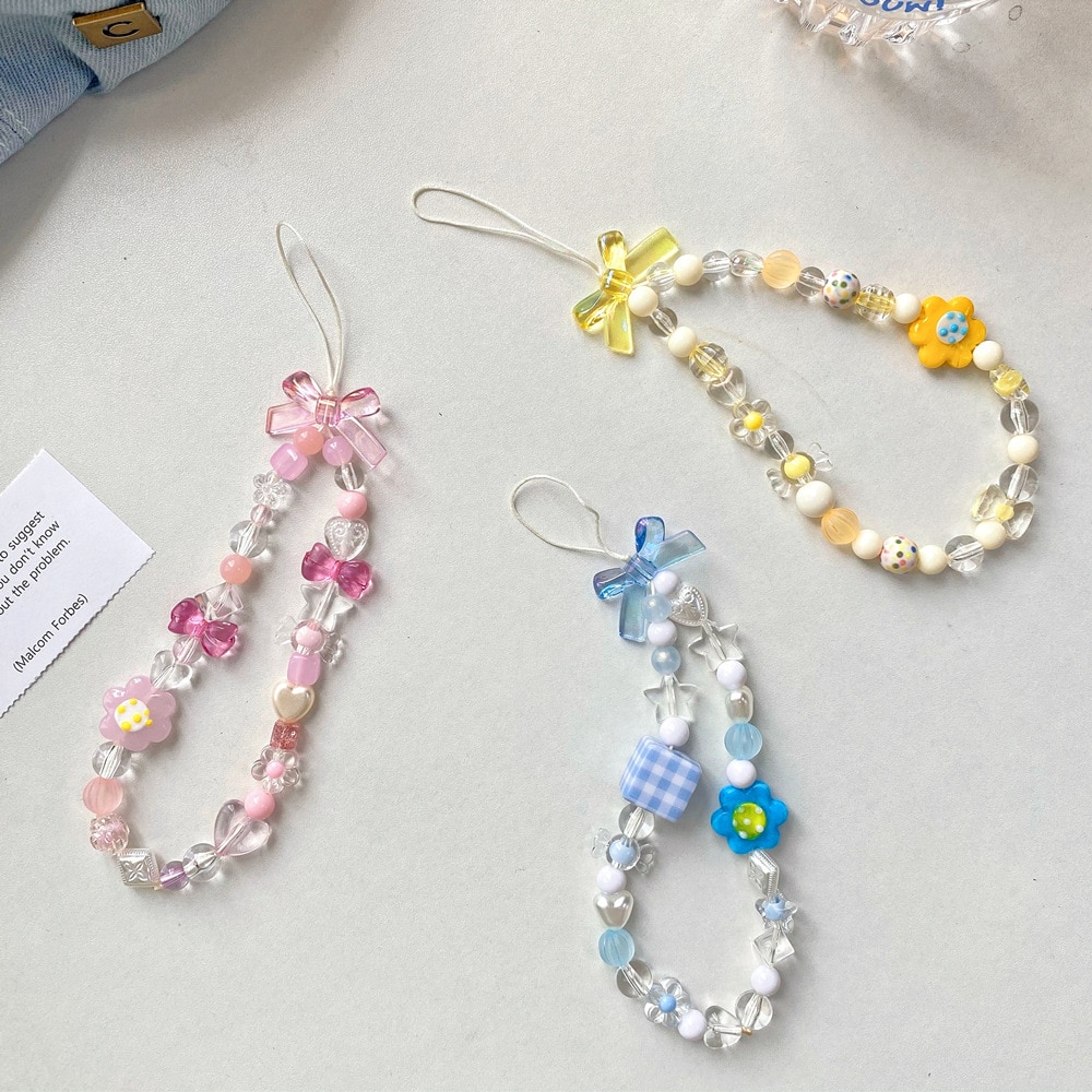Creative Geometric Flower Bow-knot Heart Shape Mobile Phone Chain Lanyard Fashion Phone Decoration Charm Women Girl Jewelry