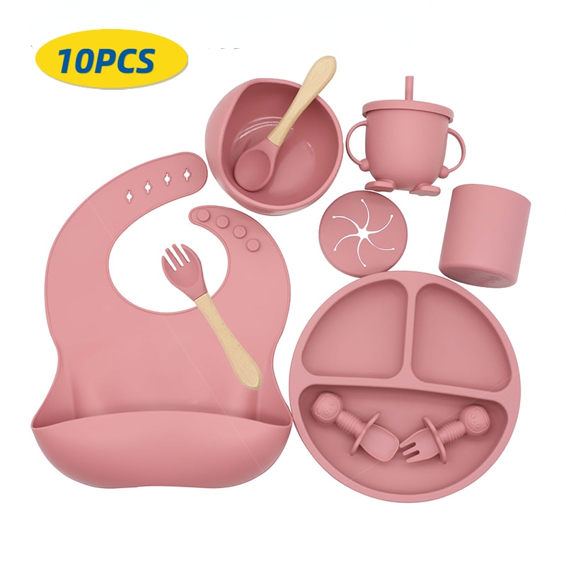 10Pcs/Set Baby Silicone Tableware Food Supplement Bowl Spoon Fork Snack Cup and Water Cup Bib Kids Plate Silicone Plate For Kids