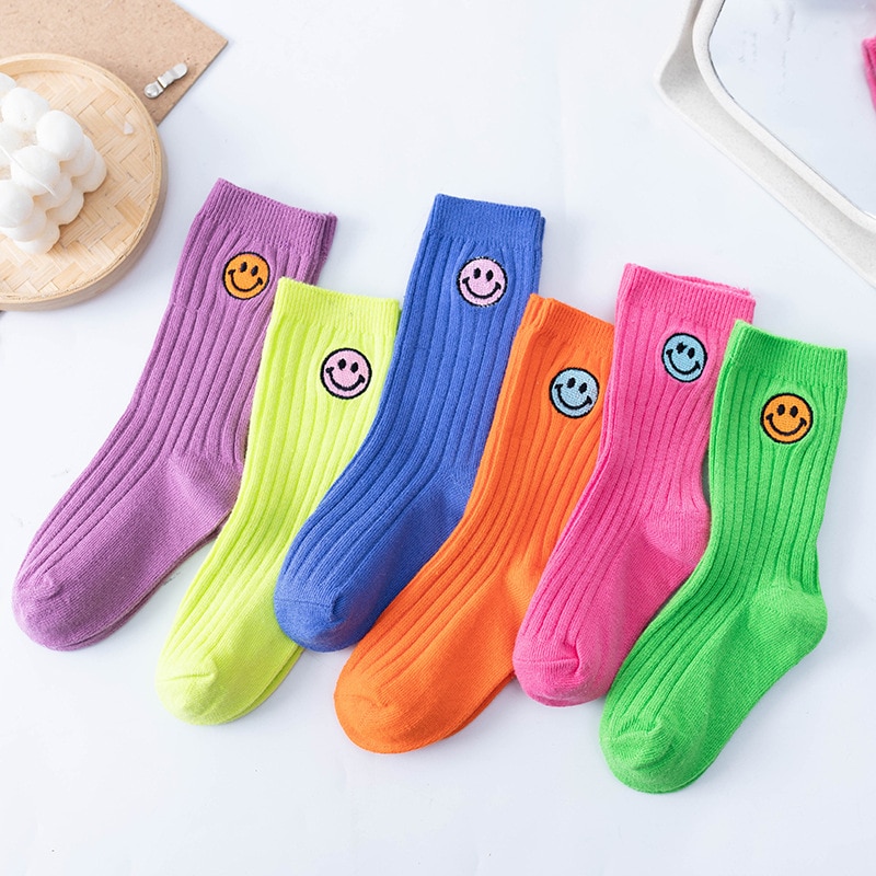 1 Pairs Pure Cotton Children Socks Cute Cartoon Yellow Smiley Embroidery Boys Girls Sports Socks Four Seasons Kids Tube Socks
