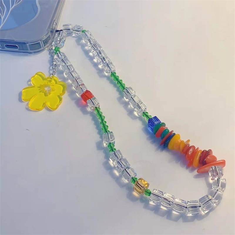Trend Original Design Summer Dazzling Elegant Style Acrylic Crystal Geometric Color Stone Diy Hand Beaded Mobile Phone Chain