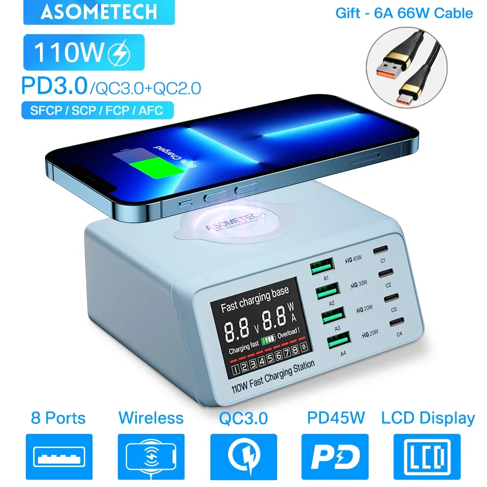 110W Quick Charge USB Charger Adapter Wireless Charger Charging Station PD USB C Fast Phone Charger