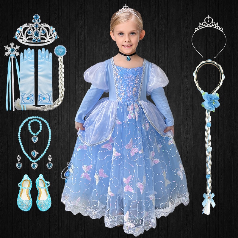 Halloween Kids Snow Queen Puff Sleeves Cinderella Princess Dress Up Children Girls Shining Sequins Butterfly Party Long Dress
