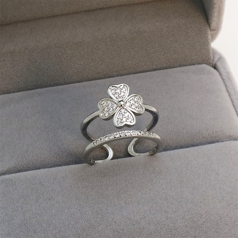 925 Sterling Silver Female Sweet Ring Finger Light White Zircon Simple Flower Open Ring for Women Girl Fashion Classic Jewelry