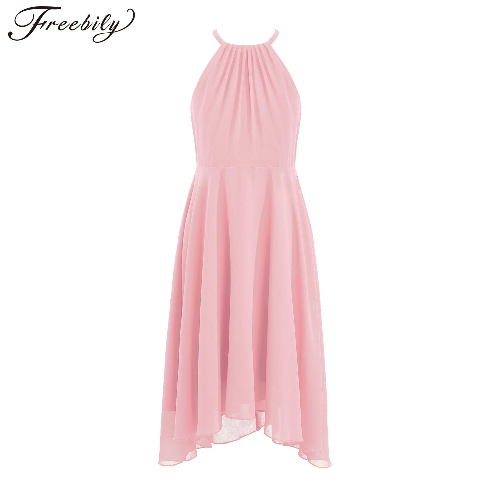 Summer Flower Girls Dresses Kids Girls A-Line Scoop Neck Asymmetrical Chiffon Wedding Junior Bridesmaid Dress With Ruffle