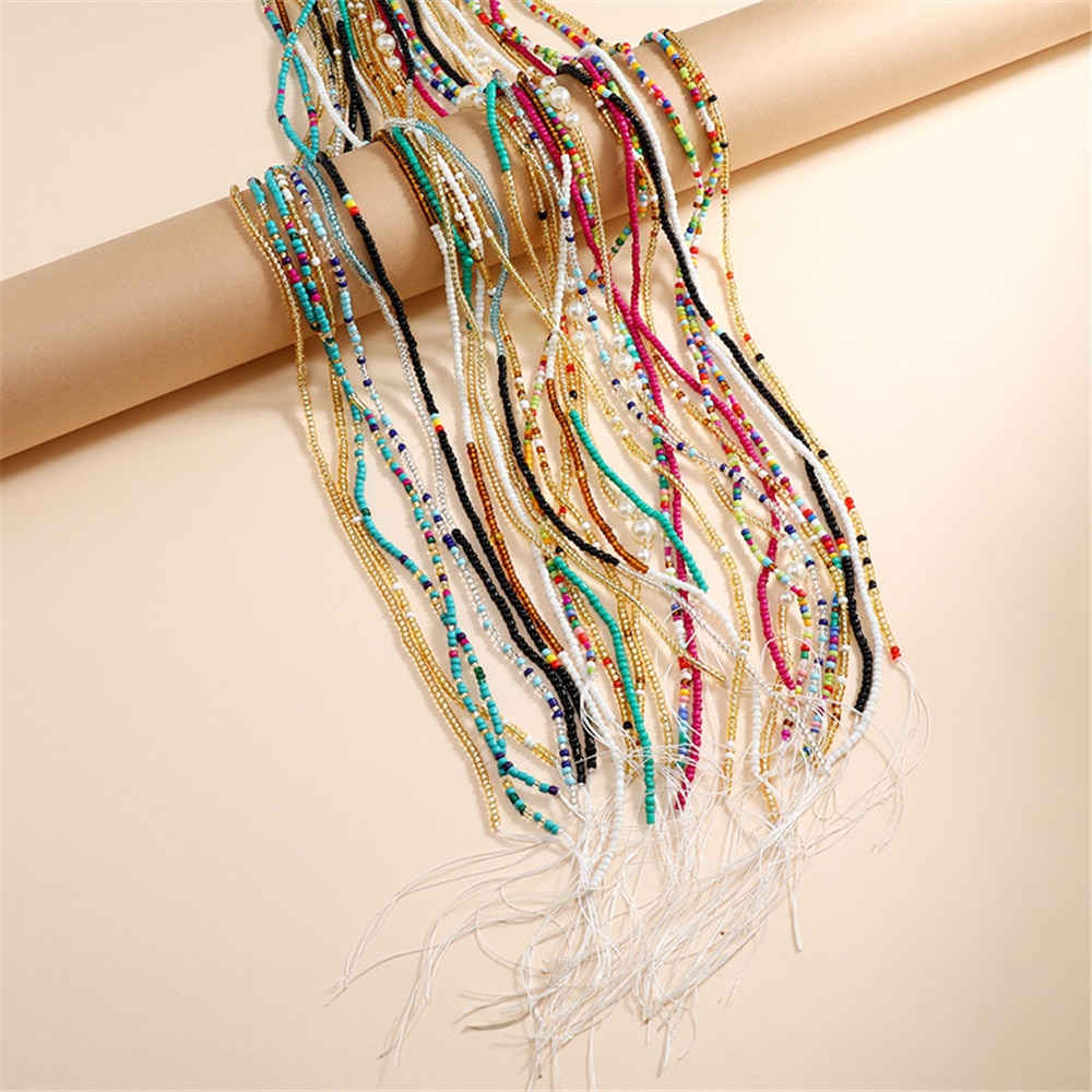 Bohemian Colorful Beaded Waist Chain for Women Plus Size African Non-Stretching Tie-on Belly Chain Bikini Summer Body Jewelry