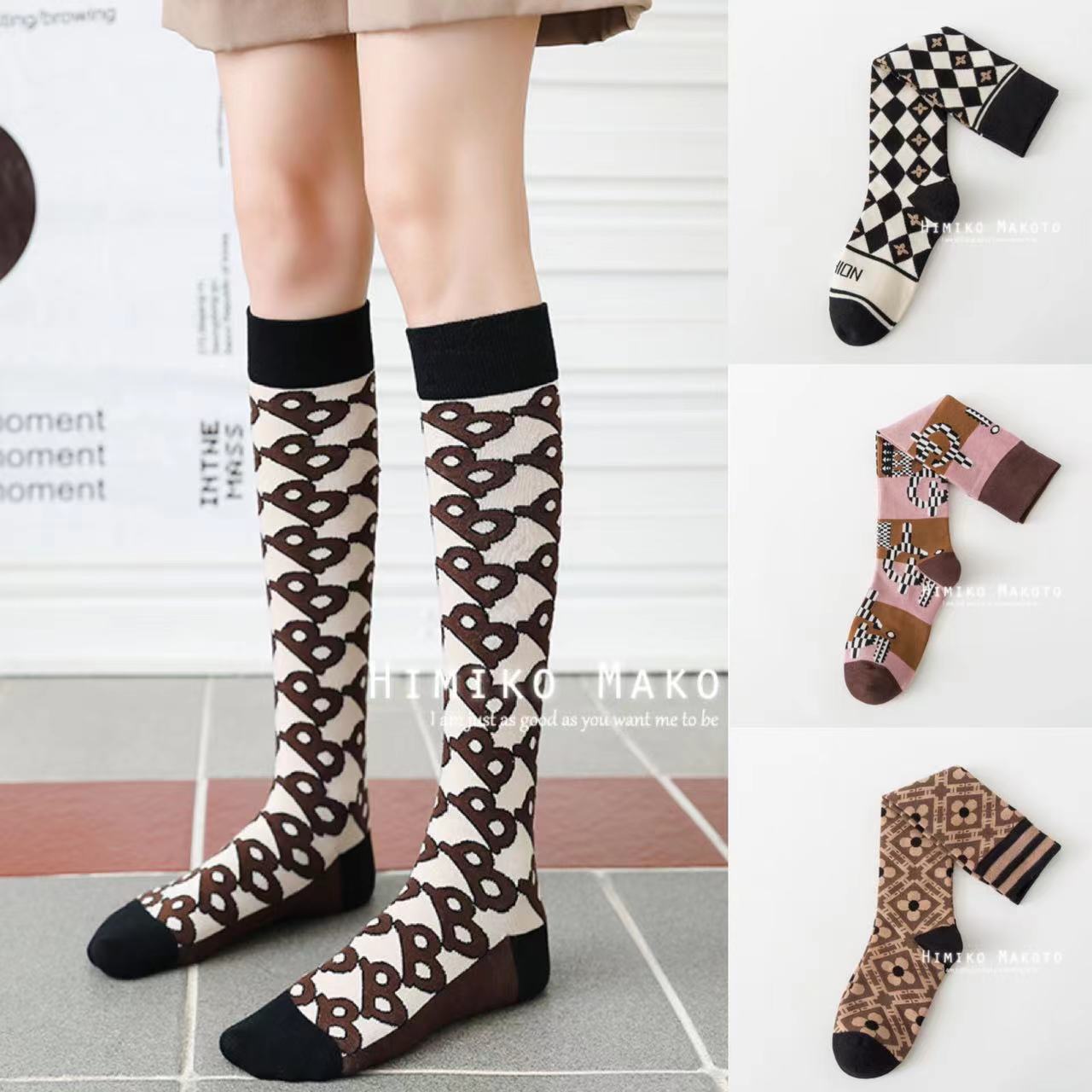ins pure cotton alphabet rhombus over the knee socks Korean version of cotton socks fashion trend socks