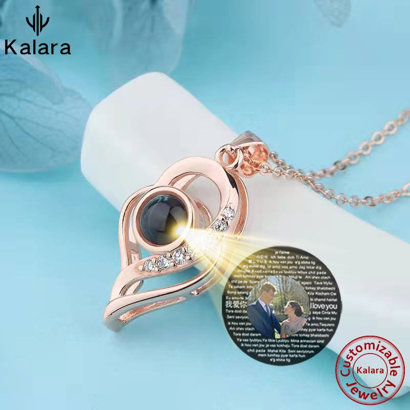 Customized Photo Name Zircon Inlaid Pendant Projection 100 languages I Love You Valentine's Day Gift Memory Heart Charm Nec