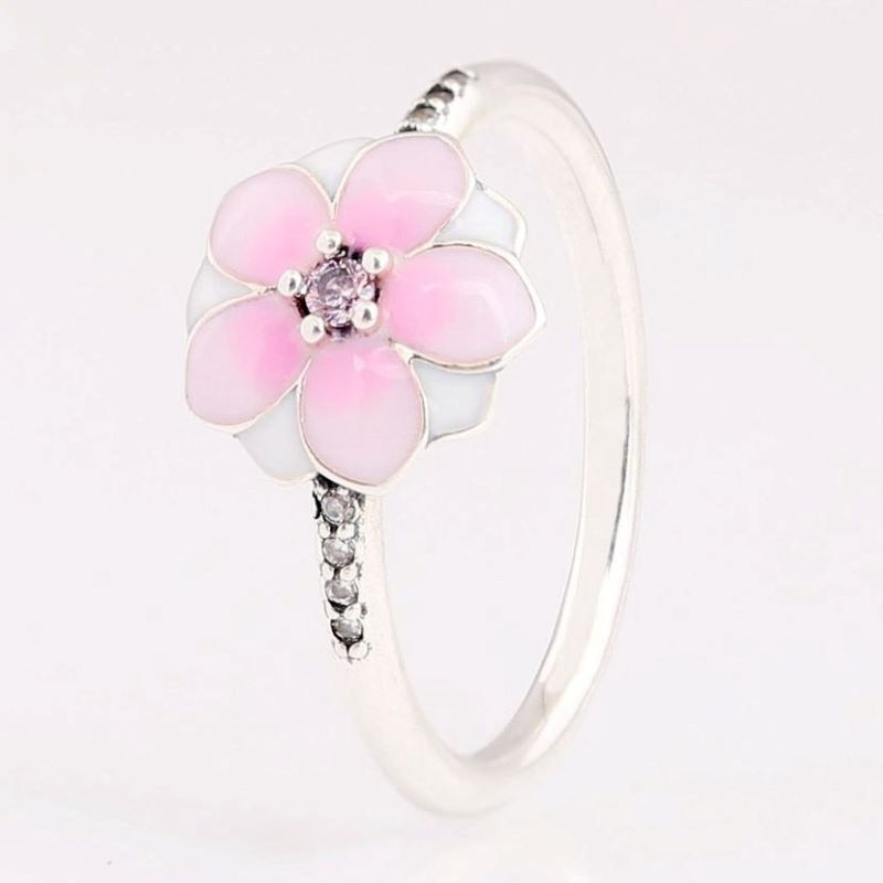 Authentic 925 Sterling Silver Pink Enamel Magnolia Bloom With Crystal Rings For Women Wedding Party Europe Fashion Jewelry