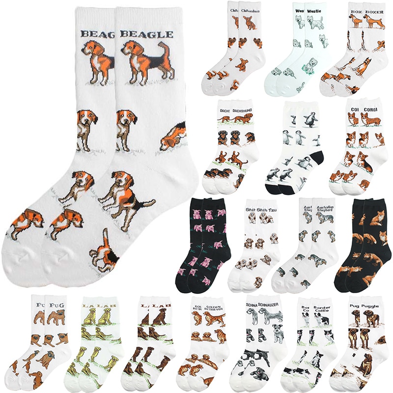 High Quality Fashion New Cute Socks for Women White Black Pets Animals Dogs Pattern Harajuku Kawaii Trendy Cartoon Ladies Socks