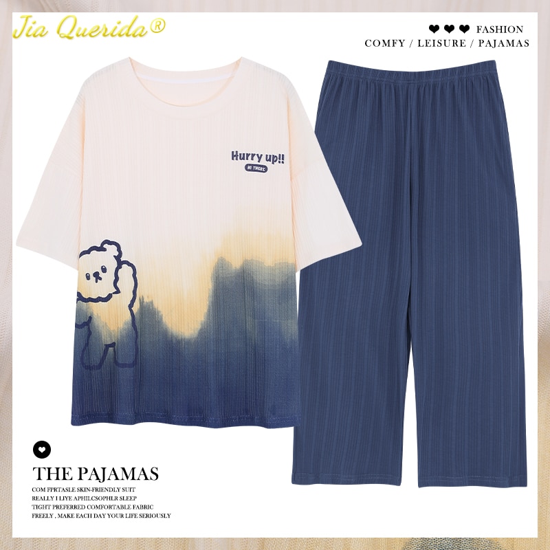 Blue Graudated Tint Lady Pajamas Summer Cotton Knee-length Pants Sleepwear for Woman Pjs Ladies Pijamas Girls Cartoon Homesuits