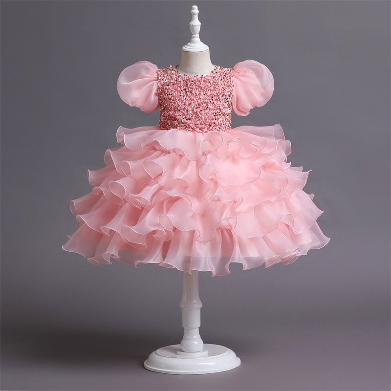 Flower Girl Dresses for Weddings Pink Sequin Birthday Party Princess Layered Dress Puff Sleeve Children Tulle Ball Gowns