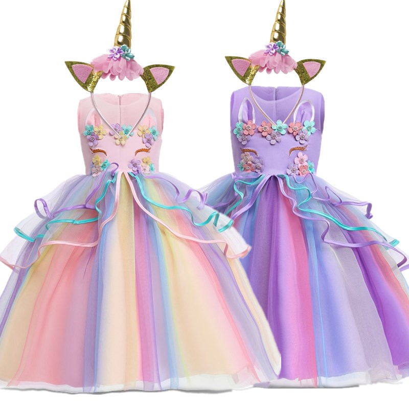 Rainbow Unicorn Girls Birthday Dress for Kids Embroidery Elegant Wedding Party Princess Ball Gowns Flower Tulle Children Dresses