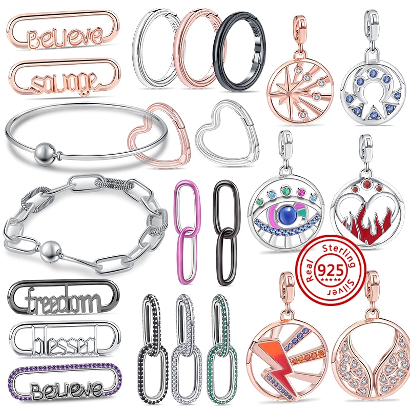 Me Series 925 Silver Word Double Link Heart Round Connector Pendant Me Fashion Bead Fit Original Pandora Me Bracelet DIY Jewelry