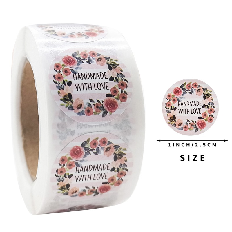 Handmade With Love Sticker Flower Garland Thanks Sealing Labels for Food Gift Envelope Packaging Decorative Sticker 100-500 pcs