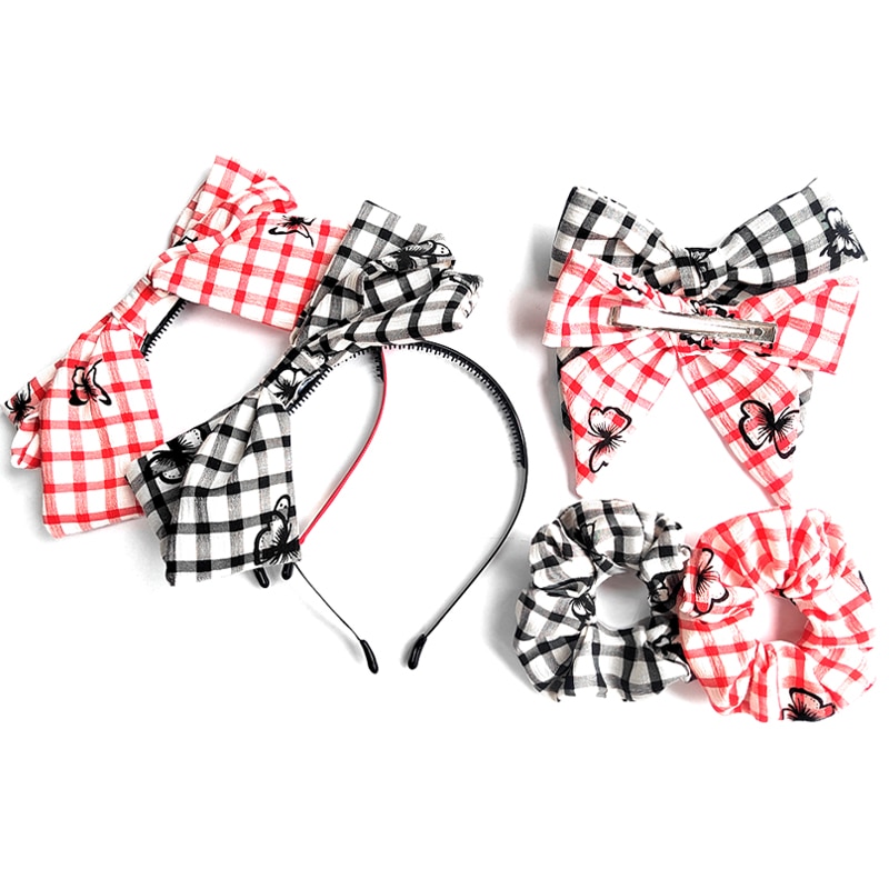 Girls New Lattice Printed Large Clips Scrunchies Fashion hair accessories Long band hairband and Broken Flower headband