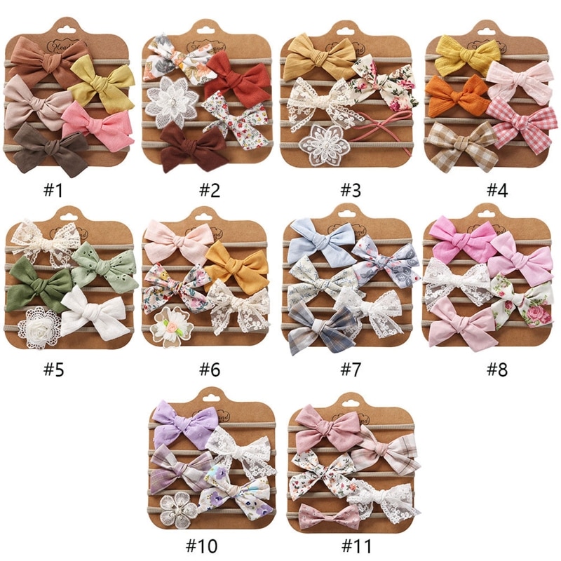 Q81A 5Pcs Newborn Infant Baby Girls Floral Bowknot Headband Set Nylon Elastic Hair Band Toddler Lace Flower Hair Accessories