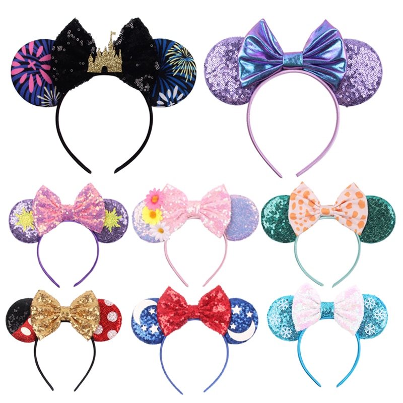 Disney Mickey Mouse Ears Headband Girls Sequin Hair Bow Butterfly Hairband Cosplay Party Headwear Kids Festival Hair Accessory
