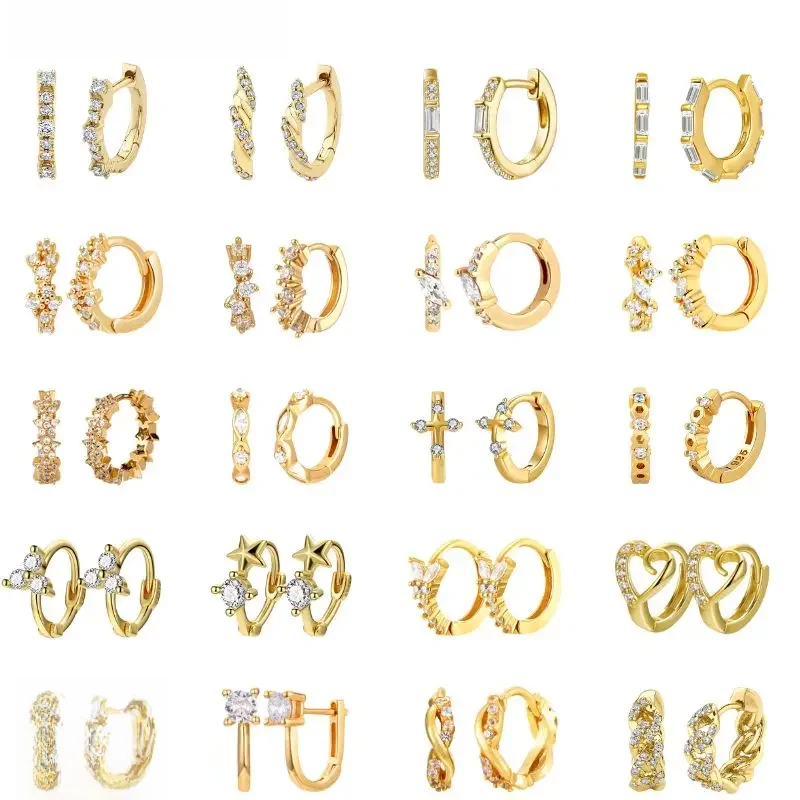 925 Sterling Silver Ear Needle Hoop Earrings Crystal Circle Small Huggie Earrings for Women Simple