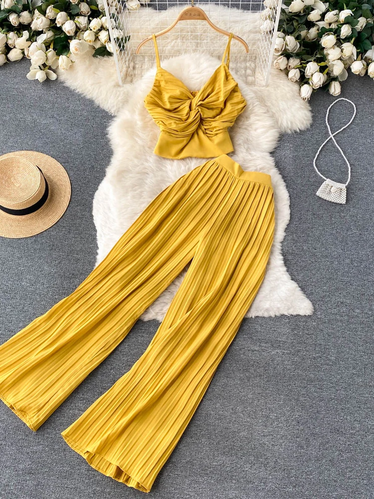 Summer Women Solid Sexy Holiday Pants Suit Female Spaghetti Strap Tops & High Waist Long Pants Two