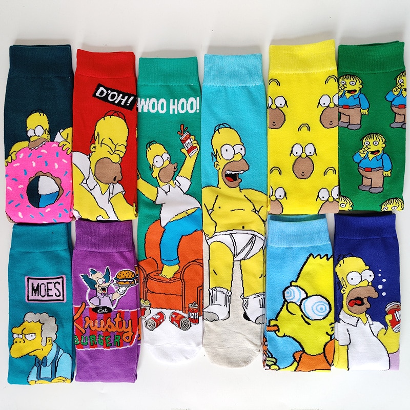 NEW 5 Pairs/Pack Disney Simpsons Cartoon Socks Men Cotton Anime Crew Socks Funny Mid-High College Skateboard Socks