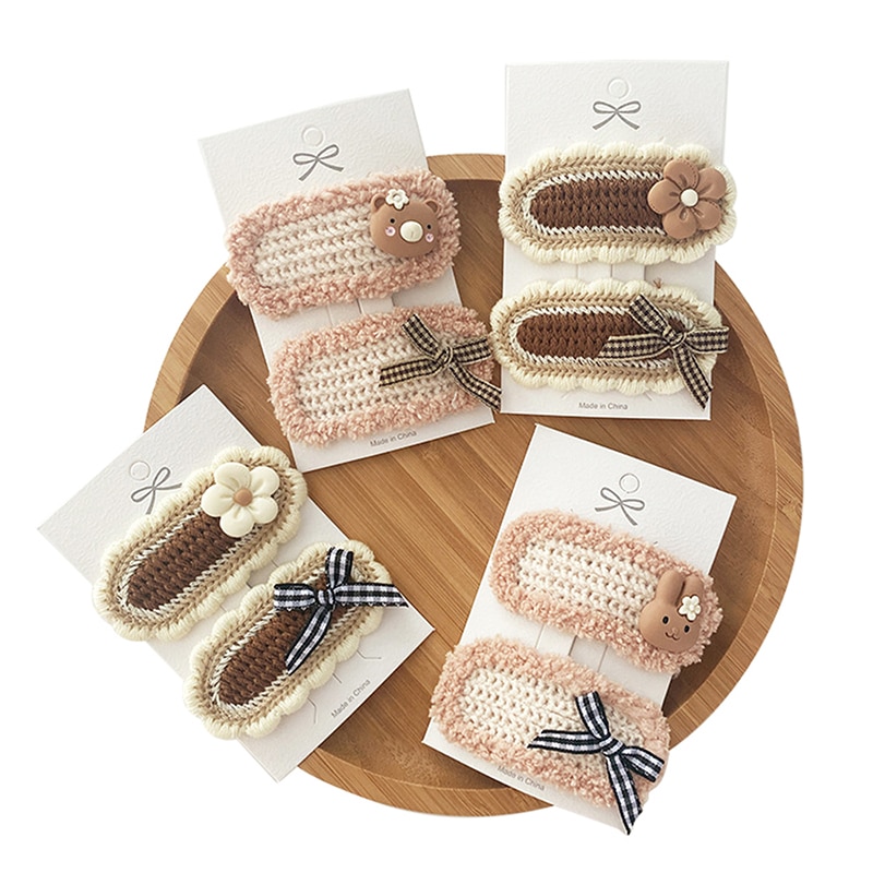 2pcs Winter Wool Children Hair Clips Milk Tea Brown Bows Flower Korean Fashion BB Clip Girls Cute Toddler Kids Hair Accessories