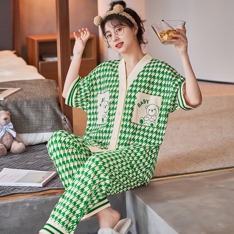 Summer pajamas women's knitted cotton lapel cardigan V-neck short-sleeved trousers Korean version loose plaid casual home w