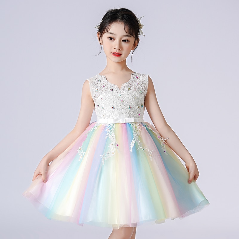 Kids Dress For Girls Sleeveless V-neck Rainbow Short Skirt Fluffy Mesh Dresses For Host Wedding Party