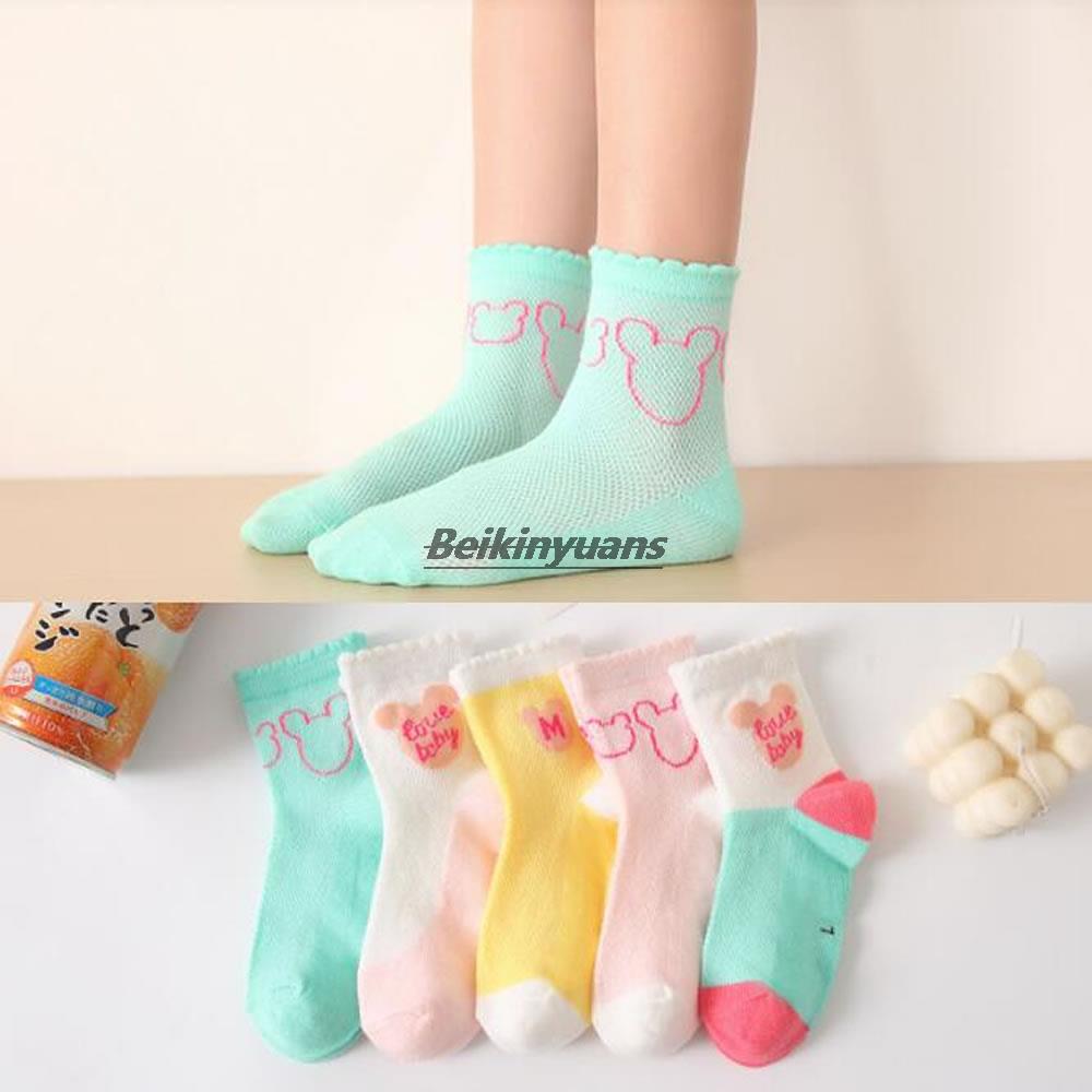 Children's summer cartoon bear mesh socks cute girl student socks solid color letters breathable cotton socks