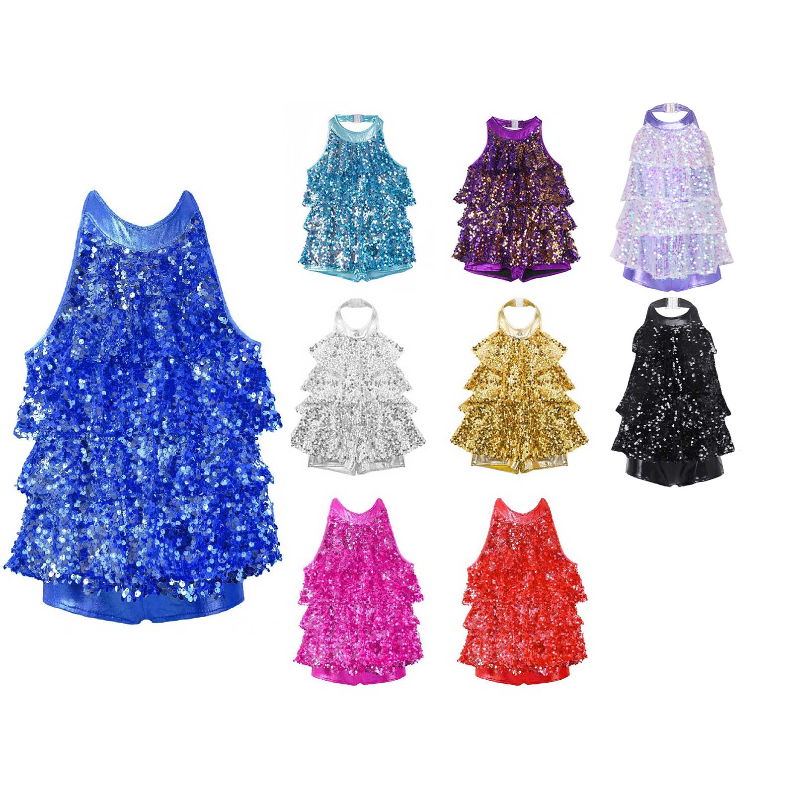 Kids Girls Halter Shiny Sequins Jazz Ballet Dance Shorty Unitard Dress Gymnastics Modern Jazz Latin Samba Rumba Dancing Costumes