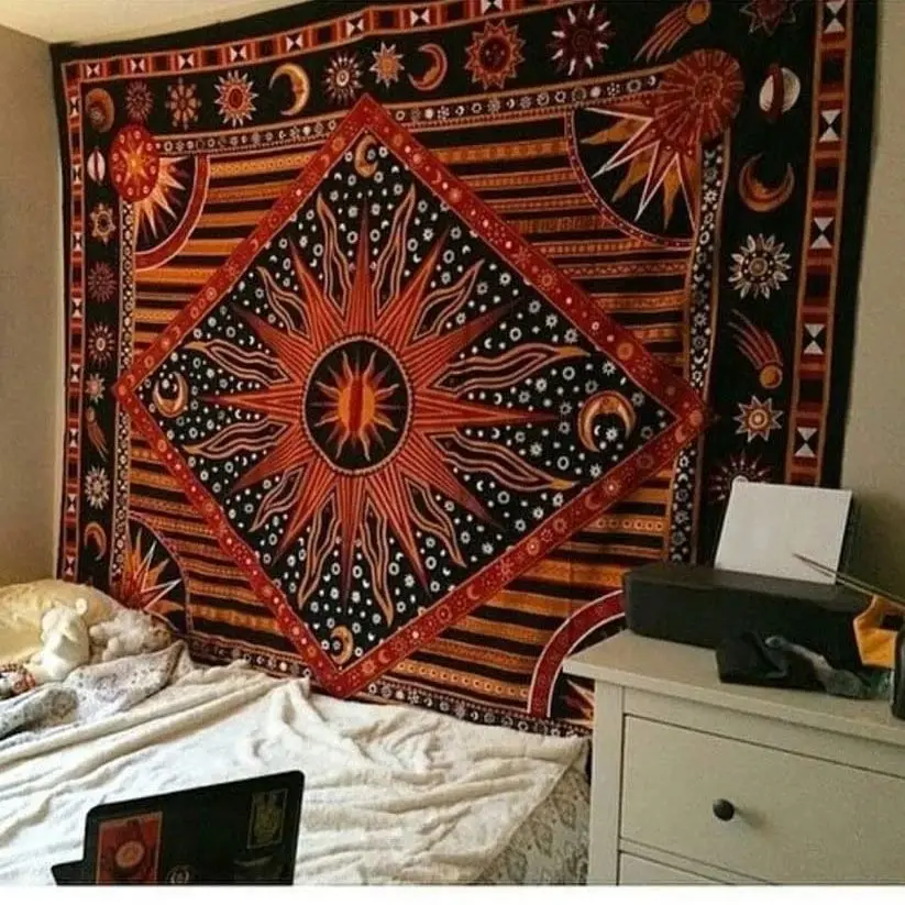 Hippie Mandala sun and moon man-made poster tapestry wall hanging - India gold burning sun star
