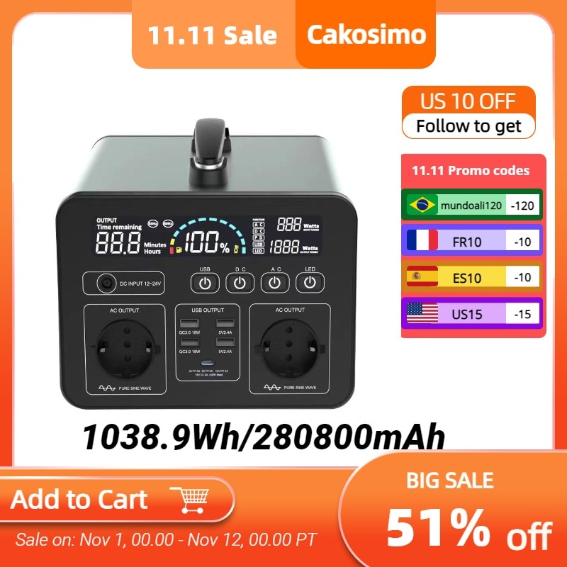 Cakosimo Portable Solar Power Station Generator 500W 1000W Large Capacity Secondary Battery 220V Energy Camping Battery Solare