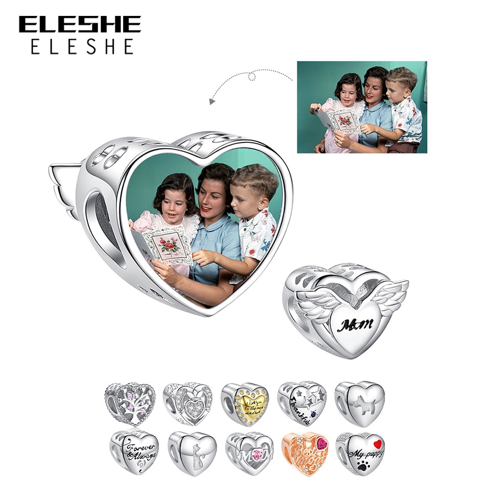 ELESHE 925 Sterling Silver Photo Custom Charms Angel Wings Letter MOM Heart Bead Fit Bracelet DIY Jewelry Mother's Day Gift