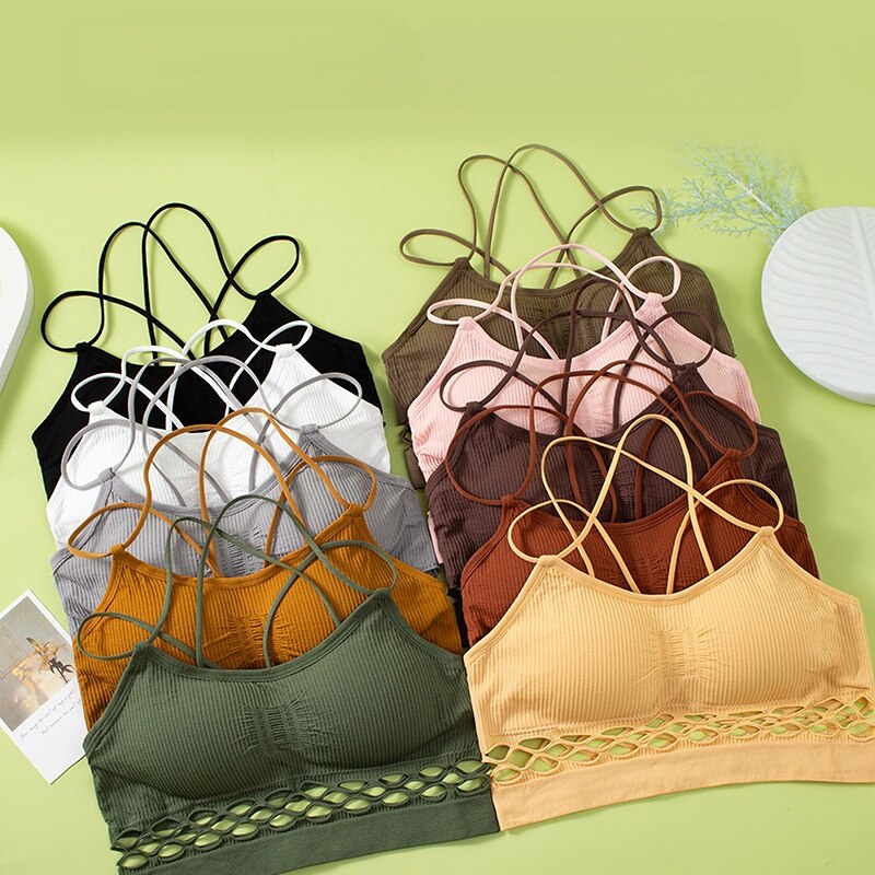 Women Yoga Sports Bras Triangle Cup Underwear Female Hollow Out Suspenders Tube Top Sexy Beauty Back Without Steel Ring Bra Vest